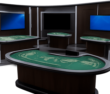 A live casino studio with multiple tables and screens.