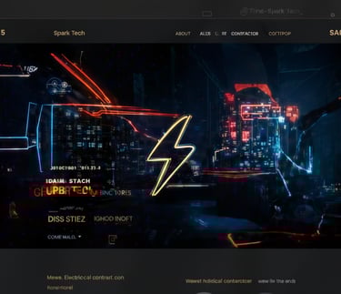 Screenshot of an electrical contractor's website 'Spark Tech' with vibrant neon lightning bolt graphics.