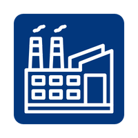 Blue and white industrial factory building icon with smoking chimneys for manufacturing and production.
