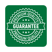 Green premium quality guarantee seal icon with stars and ribbon for product certification.