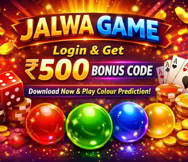 Jalwa Game promotion for online colour prediction with 500 bonus code, dice, and casino chips.
