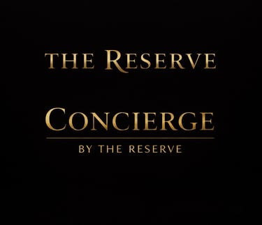 Elegant gold lettering for The Reserve Concierge luxury service logo on a premium black background.