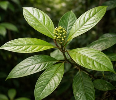 Vibrant green chacruna leaves, a master plant in a rainforest setting.