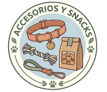 Ilustración de accesorios y bocadillos para mascotas que incluye un collar de perro, una correa,