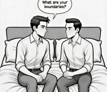 Male asking trans male what are your boundaries? Cartoon style 