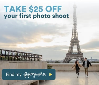 Couple holding hands during a professional Paris photo shoot at the Eiffel Tower with a $25 off discount offer.