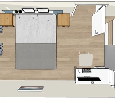 a bedroom with a bed and a desk