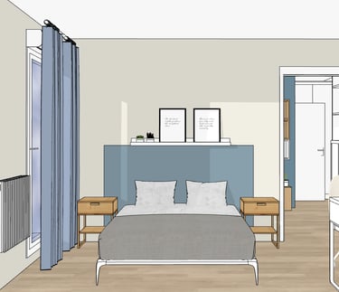 a bedroom with a bed and a desk