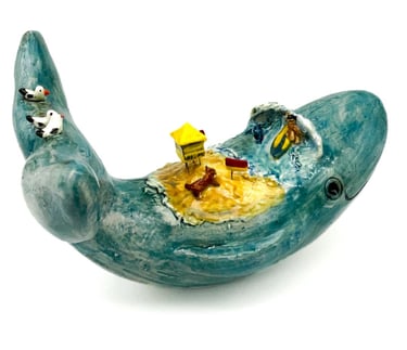 ceramic whale, beach, high tide, seagulls, dog, lifesaving, surfer, sand, flag
