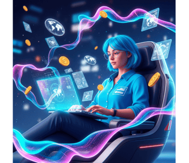Confident person, laptop with rising graph, colorful digital success.
