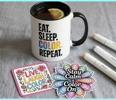 mug with a coloring phrase and stickers about coloring