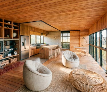 Interior calido en madera y grandes ventanales. casa puente. moderna. arquitectura con sentido. arquitecto pablo suarez.