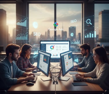 Group of professionals collaborating on digital marketing dashboards and analytics screens