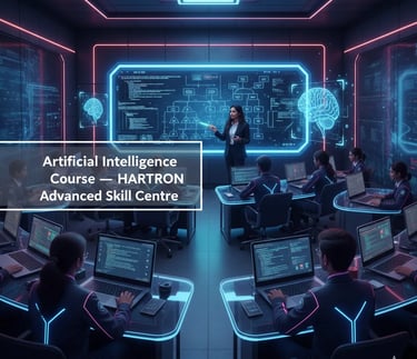 Futuristic AI training lab with dark neon lights and multiple computer screens