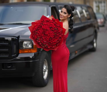 Birthday photoshoot with red roses and black limo, shot by Fred Art Studio