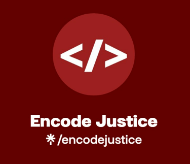 a red and white logo with the words encode justice