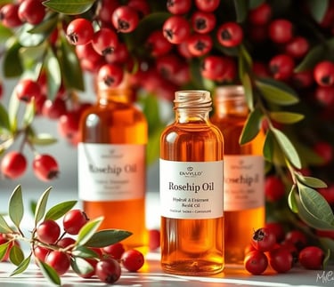 bottles of rosehip oil under a rosehip plant