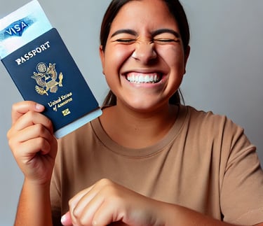 Mulher sorrindo com passaporte em mãos após aprovação do visto americano com apoio da assessoria da 