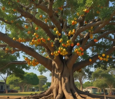 Árvore de jenipapo frutificando, com tronco grosso e raízes expostas, cheia de frutos amarelo-alaran