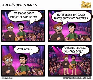 French comic strip 2 Gars S'essayent showing musicians performing as strippers in a nightclub.