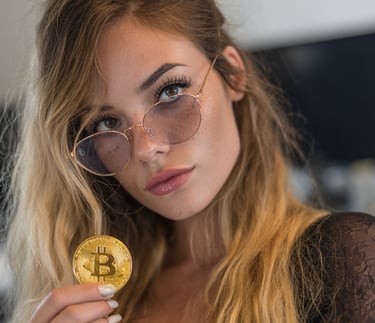 Woman holding a Bitcoin coin in a modern workspace 