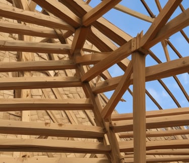 Low angle view of a complex wooden roof frame construction from Eldoret timber suppliers.