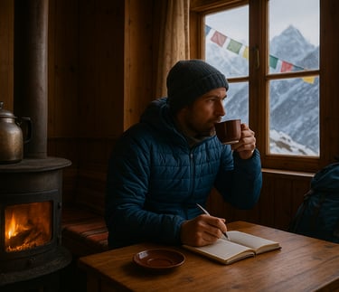Rest day at altitude with tea and warmth in a Nepali mountain lodge.