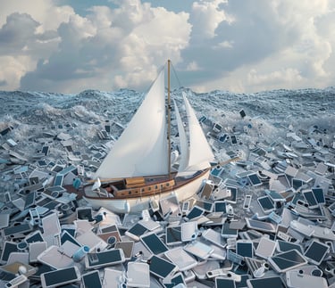 Ein Segelschiff das über ein Meer aus Smartphones und Tablets segelt