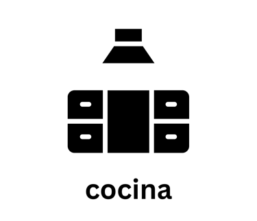 Black minimalist kitchen icon with cabinets and vent hood above the word cocina.