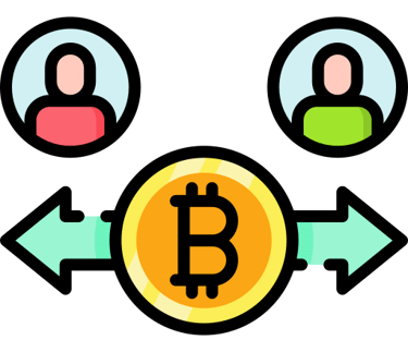 Cartoon-style Bitcoin with two arrows circling it and faces in the top corners representing people t