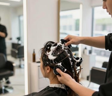 A stylist gently a client's hair in a bright, modern salon filled with natural light.
