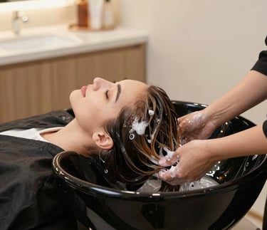 A stylist gently a client's hair in a bright, modern salon filled with natural light.