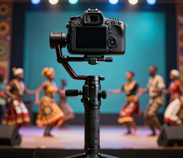 A detailed shot of a professional DSLR camera on a stabilizer, capturing a live cultural dance performance on a stage with teal and steel blue backlighting. African / Pan-African venue.