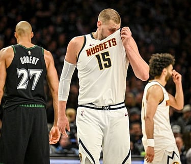 Rudy Gobert (left) Nikola Jokic (middle) and Jamal Murray (right) during game 3 of the 1st round of the 2026 nba playoffs