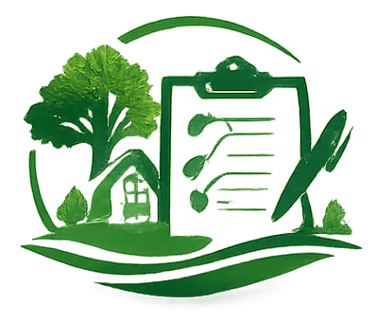 Green eco-friendly logo featuring a clipboard, pen, trees, and house for sustainable environmental services.