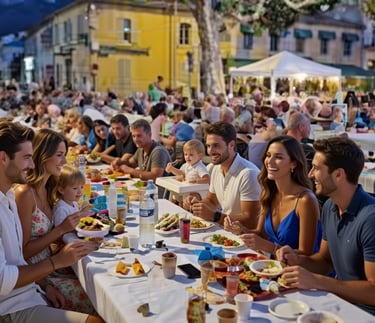 Smiling friends and families enjoy outdoor dining at a Quillan festival with long banquet tables.