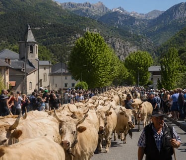 Traditional Pays de Sault Transhumance near Quillan in the Aude Pyrenees cattle annual pastoral festival.