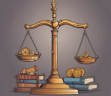 A wooden table holds a laptop displaying a cryptocurrency price chart, two cups of coffee, a smartphone, and a magazine with coins on top. A person is interacting with a smartphone on the right side.
