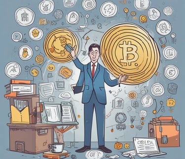 A wooden table holds a laptop displaying a cryptocurrency price chart, two cups of coffee, a smartphone, and a magazine with coins on top. A person is interacting with a smartphone on the right side.