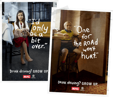 Twee campagne posters over rijden onder invloed met kinderen