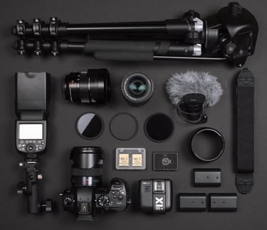 Photography equipment for photo sessions, including Nikon cameras and Godox lighting gear