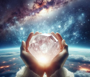 La imagen son dos manos sosteniendo una cuarzo rosa del que emana energia
