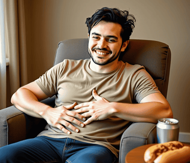 Man rubbing his tummy eating junk food