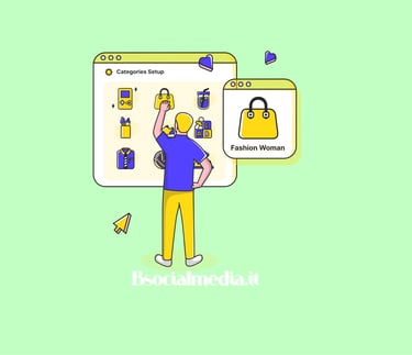 A digital illustration of a user setting up e-commerce categories for fashion and lifestyle products.