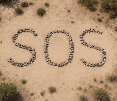 SOS spelled out with rocks in dry desert clearing for aerial search and rescue visibility