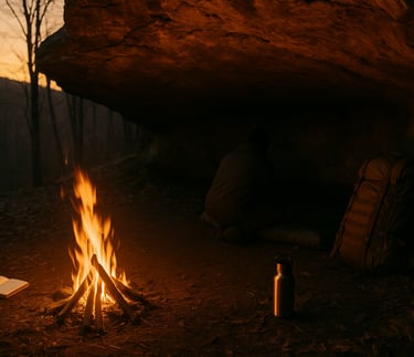 Fire and pack near rock overhang used for survival shelter