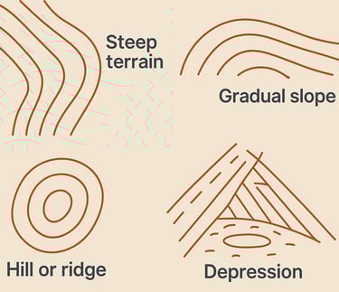Topographic contour lines showing slope, ridge, and elevation changes for survival map reading skills