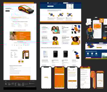 Captura de tela mostrando interfaces de banco digital do Itaú, telas de app e terminais.