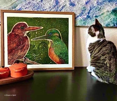 Batik painting, kingfishers, batik commission, art for cats, batik art, Shuen-Li Spirit, batik art