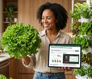 Smiling woman holding fresh hydroponic lettuce while using a digital tablet for indoor gardening course.